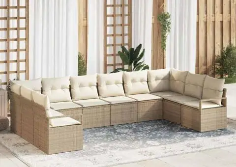 Set de Canape de Grădină cu 10 Piese cu Perne Bej din Ratan Poli - 1/5