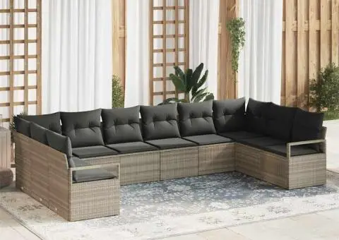 Set de canapea de grădină cu 10 piese cu perne gri deschis din ratan sintetic - 1/5