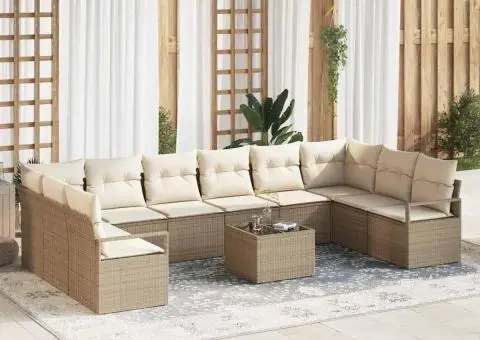 Set canapea de grădină cu 11 piese și perne, ratan poly maro - 1/5