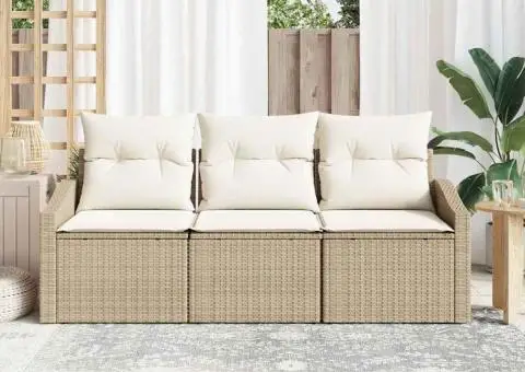 Set de Canapea de 3 Piese cu Perne Bej Poli Ratan - 3/5