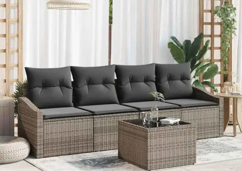 Set de canapea de grădină cu 5 piese și perne gri din ratan poli - 1/5