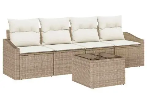 Set canapea pentru grădină cu 5 piese și perne bej din poli ratan - 2/5