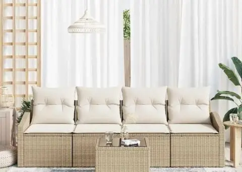 Set canapea pentru grădină cu 5 piese și perne bej din poli ratan - 3/5