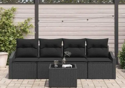 Set canapea grădină cu 5 piese și perne negru poli ratan - 3/5