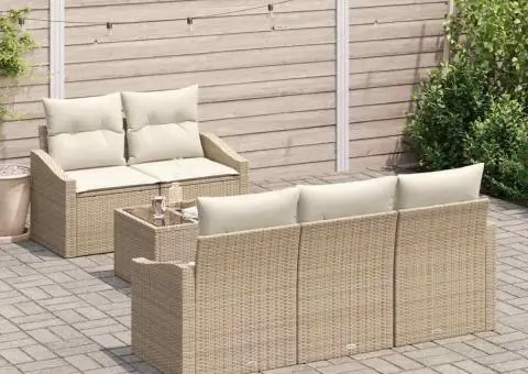 Set Canapea Grădină de 6 Piese cu Pernițe Bej Ratan Poly - 3/5