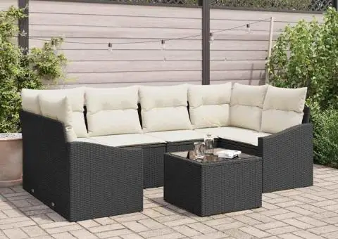 Set de 7 Piese de Sofa de Grădină cu Perne Ratan Negru Poli - 1/5