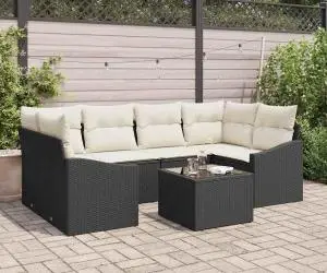 Set de 7 Piese de Sofa de Grădină cu Perne Ratan Negru Poli