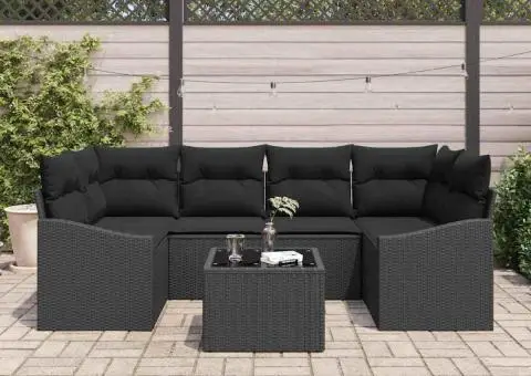 Set de canapea pentru grădină , 7 piese, cu perne, Negru, Poliratan - 3/5