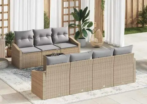Set Canapele Grădină 8 Piese cu Pernă Bej Rattan Poliester - 1/5