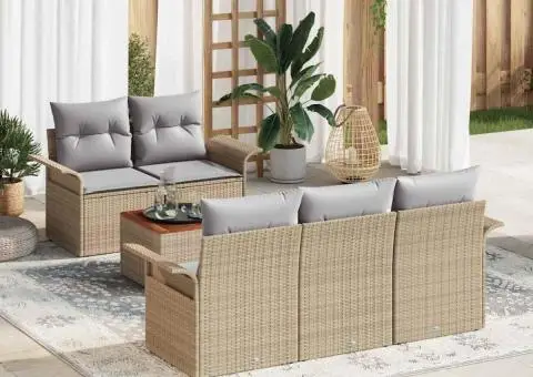 Set de Sofală cu 6 Piese cu Perne Bej Poliratan Acacia - 1/5