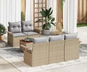 Set de Sofală cu 6 Piese cu Perne Bej Poliratan Acacia