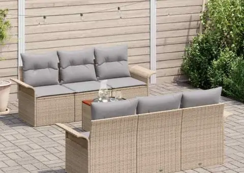 Set canapea de grădină cu 7 piese și perne din poliratan bej de acacia - 3/5