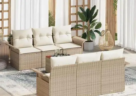 Set canapea grădină 7 piese cu perne bej din rattan poliesteric - 1/5