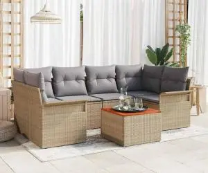 Set de Canapea de Grădină cu 7 Piese cu Perne Bej din Poliratan Acacia