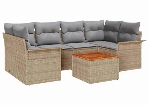 Set de Canapea de Grădină cu 7 Piese cu Perne Bej din Poliratan Acacia - 2/5