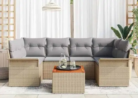 Set de Canapea de Grădină cu 7 Piese cu Perne Bej din Poliratan Acacia - 3/5