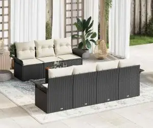 Set de canapea de grădină cu 8 piese cu perne Negru poliratan Acacia