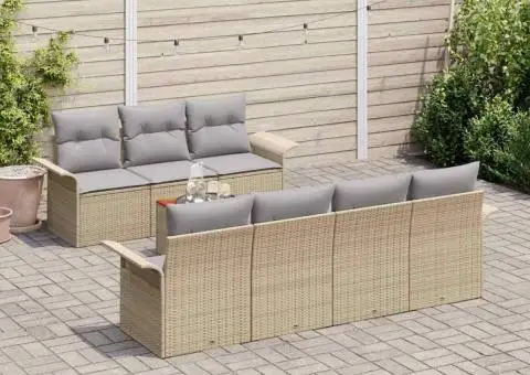 Set Canapea Grădină 8 Piese cu Perne Bej Rattan Poly Acacia - 3/5