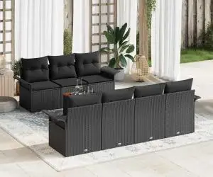 Set de canapele de grădină cu perne 8 piese negru din poliratan acacia