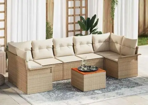 Set de canapea de grădină cu 8 piese cu perne Bej poliratan Acacia - 1/5