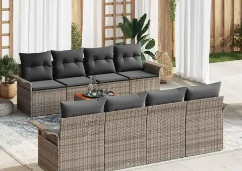 Set Canapea Grădină cu 9 Piese cu Perne Gri Poliratan Acacia - 1/5