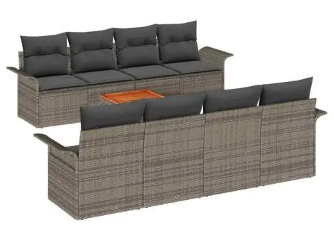 Set Canapea Grădină cu 9 Piese cu Perne Gri Poliratan Acacia - 2/5