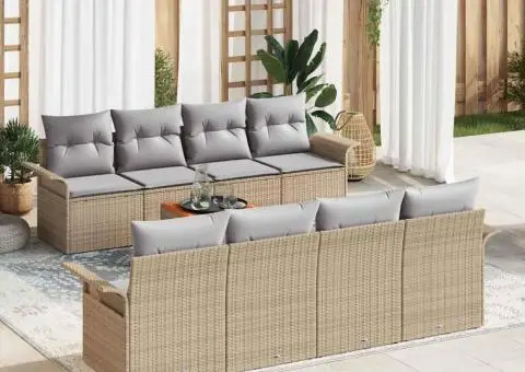 Set Canapea Grădină 9 Piese cu Perne Bej Ratan - 1/5