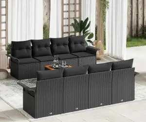 Set de canapea grădină de 9 piese cu perne negre poliratan acacia