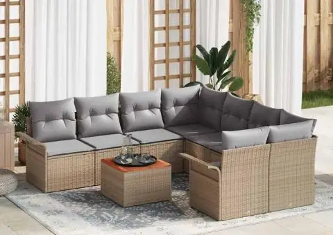 Set Canapea Grădină 9 Piese cu Perne Bej Poliratan Acacia - 1/5