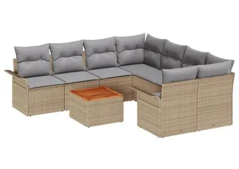 Set Canapea Grădină 9 Piese cu Perne Bej Poliratan Acacia - 2/5