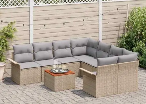 Set Canapea Grădină 9 Piese cu Perne Bej Poliratan Acacia - 3/5
