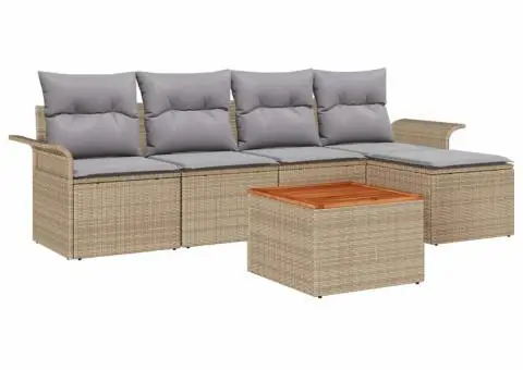 Set de canapea pentru grădină , 6 piese cu perne, bej, ratan sintetic, acacia - 2/5