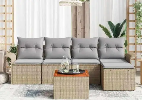 Set de canapea pentru grădină , 6 piese cu perne, bej, ratan sintetic, acacia - 3/5