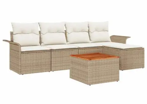 Set de Canapea de Grădină 6 Piese cu Perne Bej Ratan Polimeric Acacia - 2/5