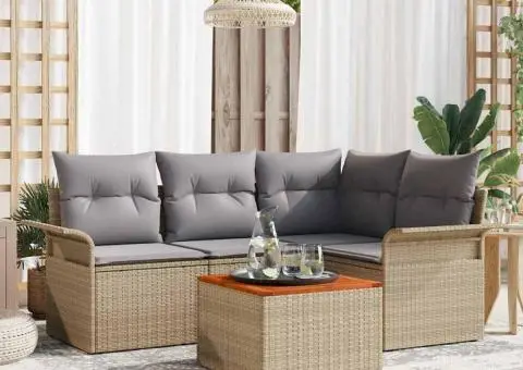 Set de canapele de grădină cu 5 piese și perne bej din poliratan și acacia - 1/5