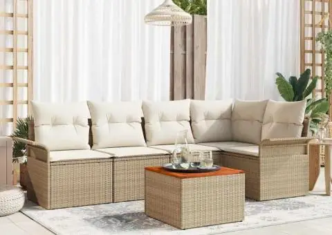 Set de Canapea de Grădină de 6 Piese cu Perne Bej Poliratan Acacia - 1/5