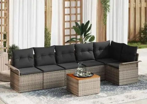Set de Sofa de Grădină cu 7 Piese Gri Poliratan Acacia - 1/5