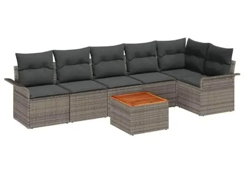 Set de Sofa de Grădină cu 7 Piese Gri Poliratan Acacia - 2/5