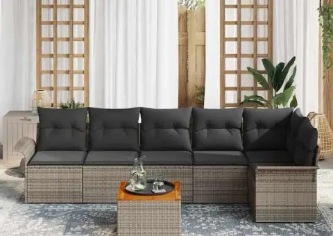 Set de Sofa de Grădină cu 7 Piese Gri Poliratan Acacia - 3/5