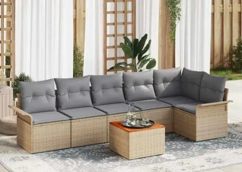 Set canapea de grădină cu 7 piese și perne Bej Poly Rattan Acacia - 1/5
