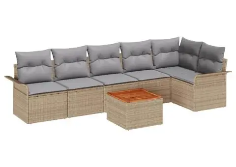Set canapea de grădină cu 7 piese și perne Bej Poly Rattan Acacia - 2/5