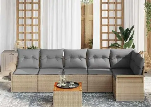 Set canapea de grădină cu 7 piese și perne Bej Poly Rattan Acacia - 3/5