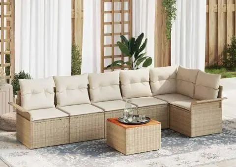 Set de Canapea pentru Grădină de 7 Piese cu Perne Bej Poly Rattan Acacia - 1/5