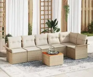 Set de Canapea pentru Grădină de 7 Piese cu Perne Bej Poly Rattan Acacia