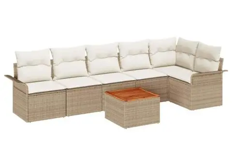 Set de Canapea pentru Grădină de 7 Piese cu Perne Bej Poly Rattan Acacia - 2/5