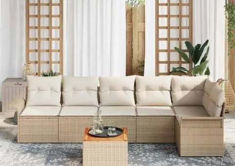 Set de Canapea pentru Grădină de 7 Piese cu Perne Bej Poly Rattan Acacia - 3/5