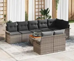 Set de 9 piese de canapea de grădină cu perne gri poliratan acacia
