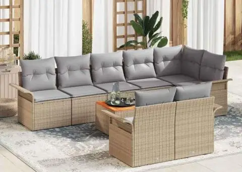 Set de canapele de grădină cu 9 piese și perne bej din poli ratan acacia - 1/5