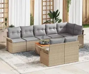 Set de canapele de grădină cu 9 piese și perne bej din poli ratan acacia