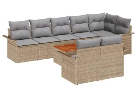 Set de canapele de grădină cu 9 piese și perne bej din poli ratan acacia - 2/5